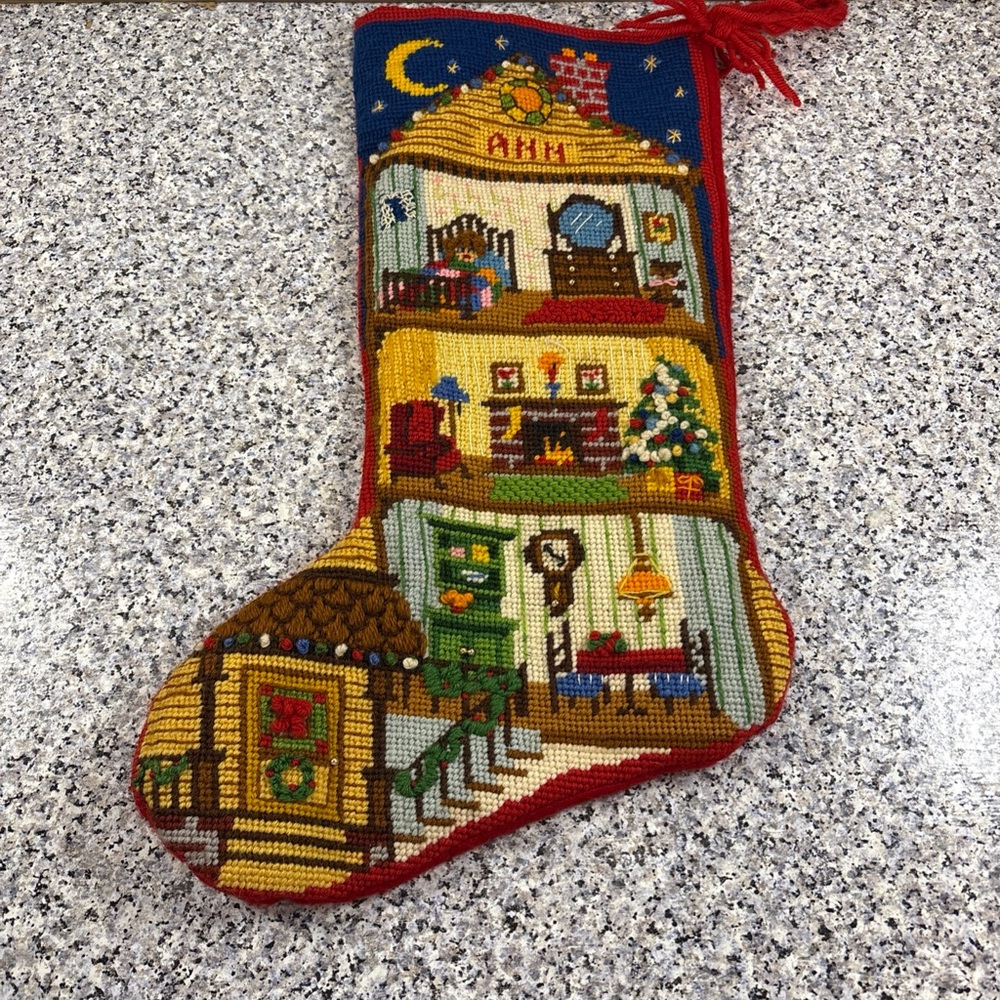 Vintage Sunset Christmas Stocking  Doll House B Jennings Cross-stitch 1980 Ann